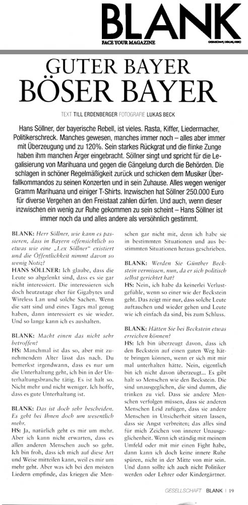 Hans Söllner Bericht in Blank